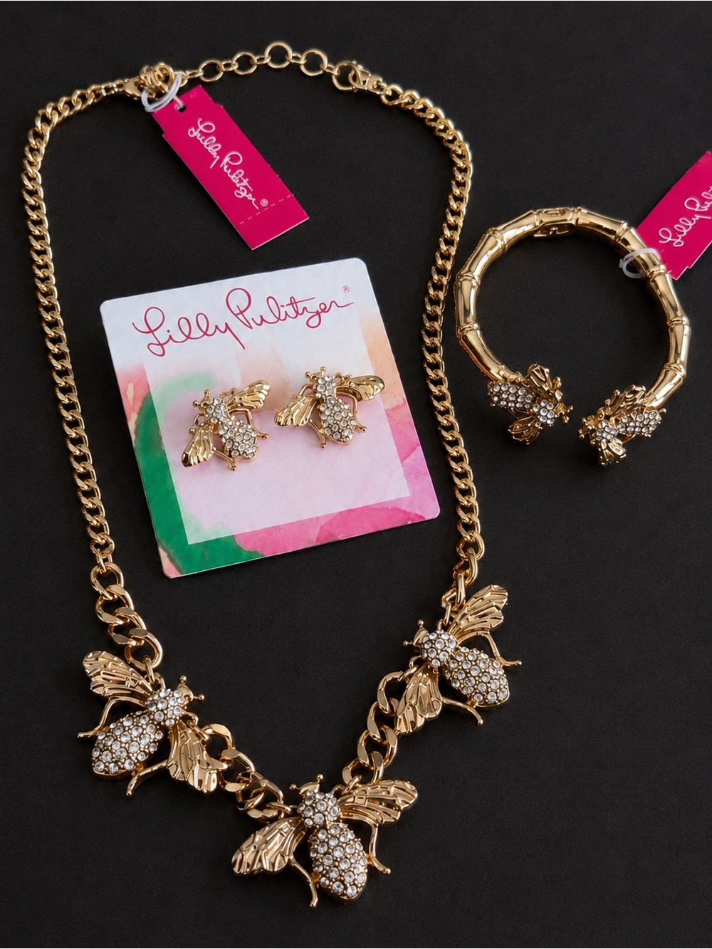 Lilly Pulitzer Gold Bee Necklace, Earrings & Bracelet Set NEW